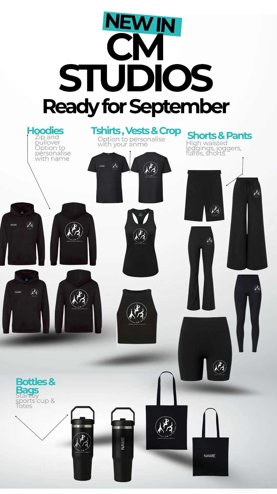 CM Studios black uniform kit including hoodies, t-shirts, vests, crop tops, shorts, leggings, flares, joggers, sports cups and tote bags